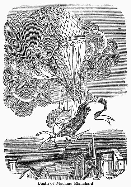 The death of Marie Blanchard, wife of aeronaut Jean Pierre Blanchard, when her balloon caught fire during a demonstration over Paris, 6 June 1819. Contemporary engraving