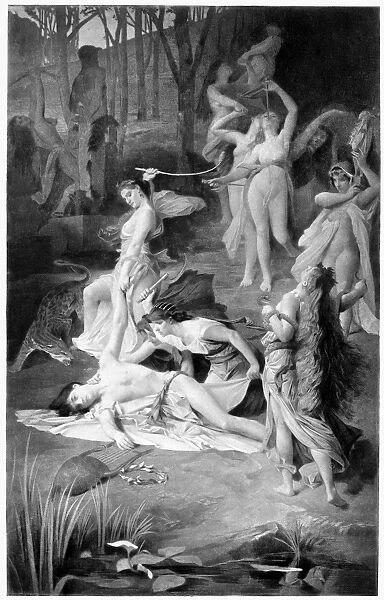 DEATH OF ORPHEUS. Orpheus and the Bacchantes. Oil on canvas by Emile Levy (1826-1890)