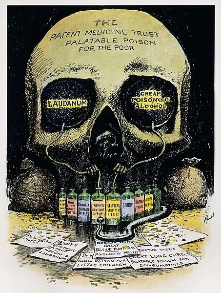 Deaths Laboratory. American cartoon, 1906, by Edward Windsor Kemble on the dangers of patent medicine and advertisers spurious claims to lure customers