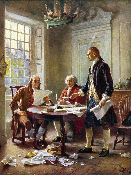 The Declaration Committee. Benjamin Franklin, John Adams, and Thomas Jefferson meeting at Jeffersons lodgings on the corner of Seventh and (High) Market Streets in Philadelphia to review a draft of the Declaration of Independence in 1776. After a painting by Jean L