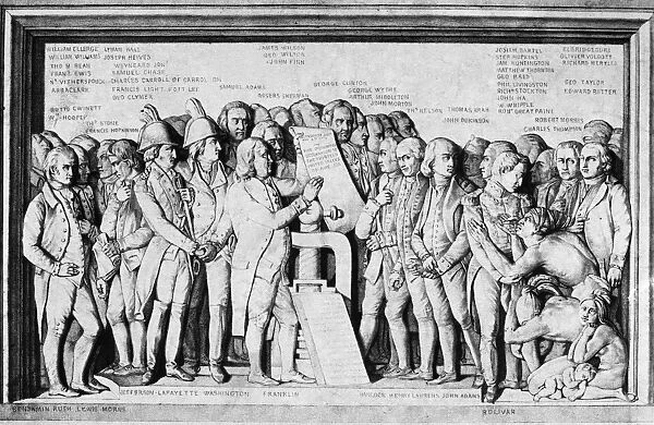 DECLARATION OF INDEPENDENCE. Benjamin Franklin, at his printing press holding a copy of the Declaration of Independence, surrounded by luminaries of the American Revolution as well as Simon Bolivar, who is thanked by Native Americans. Lithograph, c1814, after a sculpture by David d Angers