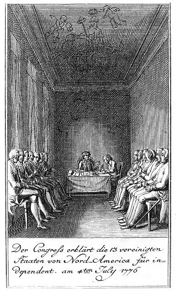 DECLARATION OF INDEPENDENCE. Signing of the Declaration of Independence at Independence Hall in Philadelphia, 4 July 1776. Contemporary German etching by Berger