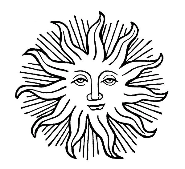 DECORATIVE SUN FACE. Woodcut, Dutch, 15th century