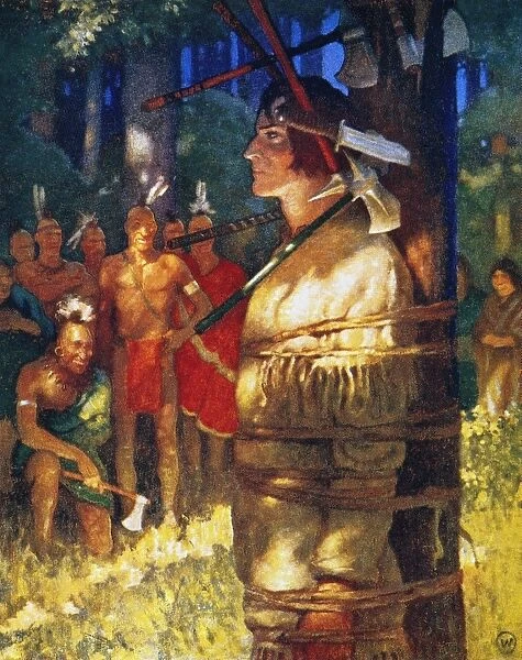 Deerslayer, tied to a stake, endures trial by tomahawk and knife at the hands of the Huron Native Americans. Illustration by N. C. Wyeth to a 1925 edition of The Deerslayer by James Fenimore Cooper
