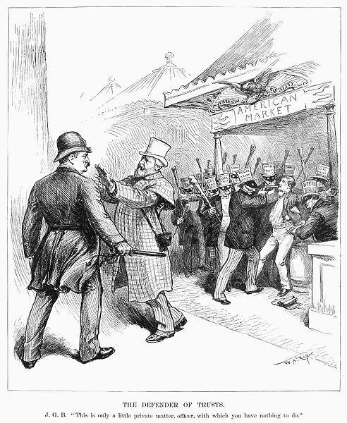 The Defender of the Trusts. James G. Blaine keeps President Grover Cleveland from interfering with business trusts during the 1888 presidential election. Contemporary American cartoon, by W. A. Rogers