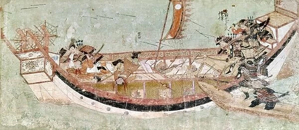 Defending Japanese warriors board a Mongol ship and engage in hand-to-hand combat during Emperor Kublai Khans second attempt to invade Japan in 1281. Detail from Japanese scroll painting on paper, c1293, attributed to Tosa Nagataka and Tosa Nagaaki