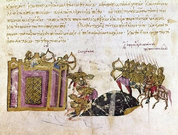 DEFENSE OF CONSTANTINOPLE. The defense of Constantinople against a Byzantine rebellion led by Leo Tornikios, 1047. Byzantine manuscript illumination from the Skylitzes Codex, 13th-14th century