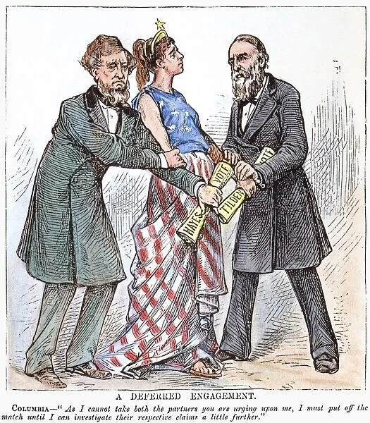 A Deferred Engagement. Contemporary American cartoon showing Columbia (the United States) waiting for the outcome of the Rutherford B. Hayes and Samuel J. Tilden presidential election of 1876, in which twenty disputed electoral votes were eventually awarded to Hayes