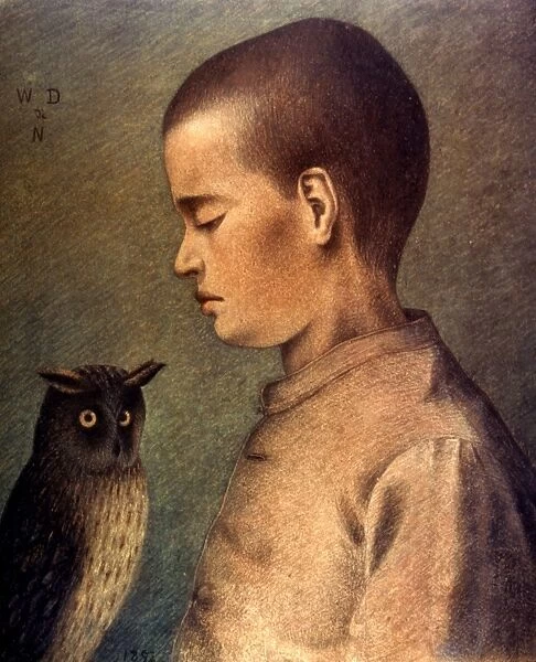DEGOUVE: CHILD & OWL, 1892. William Degouve de Nuncques: Child and Owl. Pastel, pencil, ink, 1892