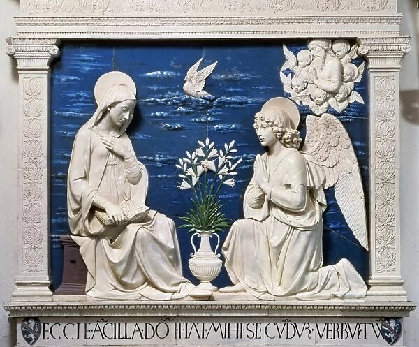DELLA ROBBIA: ANNUNCIATION. Glazed ceramic relief at the Sanctuary of La Verna, Italy, by Andrea della Robbia (1435-1525)