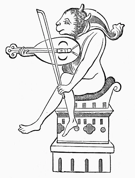 DEMON, 13th CENTURY. A demon playing an oval-shaped, three-stringed vielle. Line engraving after a sculpture in the Cathedral at Amiens, 13th century