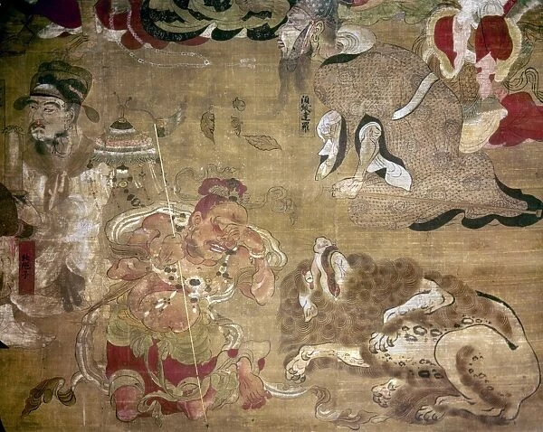 A demon and lion grieve at the death of the Buddha. Japanese silk painting, 1086