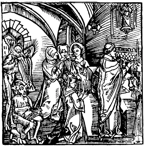 DEMONS, 1498. Devils transcribing the gossip of women during Mass