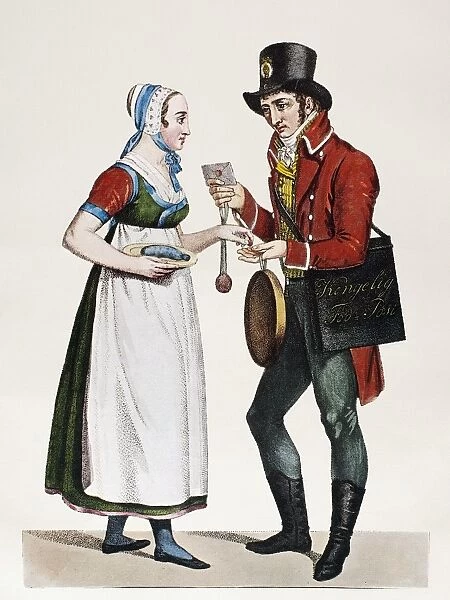 DENMARK: MAILMAN, c1825. A Copenhagen mailman delivers a letter to a maid. Lithograph