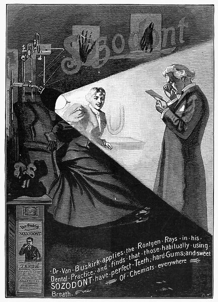 A dentist examining the X-rays of a patient who uses Sozodont toothpaste. British newspaper advertisement, 1896