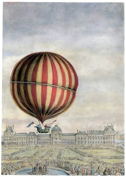 Departure of Charles and Roberts hydrogen-filled balloon from the Tuileries, Paris, 1 December 1783. Contemporary pencil and wash drawing by Antoine Francois Sergent-Marceau (1751-1847)