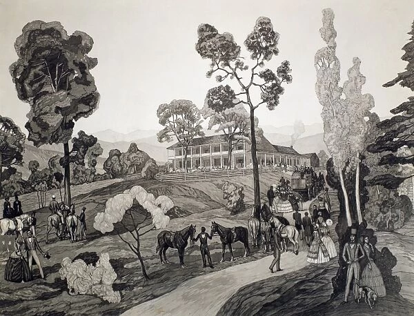 Depiction of Crows Tavern along the Midland Trail in Virginia during the mid 19th century. Meeting of groups from the White Sulphur Springs resort and the Warm Springs resort. Mural painting by William C. Grauer, mid 20th century