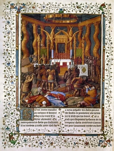 DEPORTATION OF JEWS. King Salmanazar V of Assyria taking ten tribes of Jews prisoners and deporting them from Samaria to Assyria, 721 B. C. Manuscript illumination, French, from Antiquites des Juifs by Jean Fouquet, (c1420-c1480) after Josephus