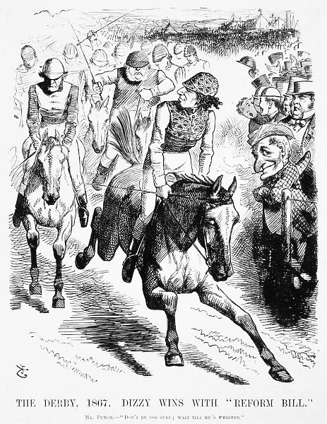 The Derby, 1867. Dizzy Wins With Reform Bill. A cartoon by Sir John Tenniel, 1867, from Punch showing Benjamin Disraeli finishing just ahead of William Gladstone in the Reform Derby