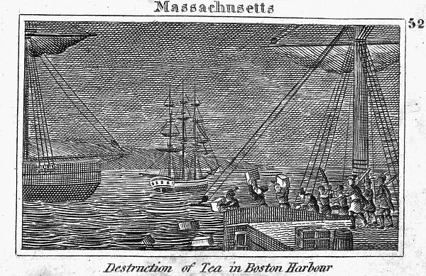 Destruction of tea in Boston Harbor, 16 December 1773. Copper engraving, American, c1830