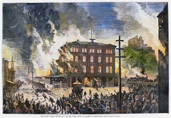 Destruction of the Union Depot and Hotel at Pittsburgh, Pennsylvania, during the Great Railroad Strike, 21-22 July 1877. Contemporary American wood engraving