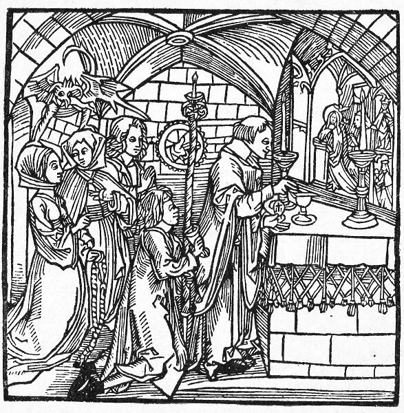 DEVIL, 1498. The devil chattering to women during mass. Woodcut, German, 1498