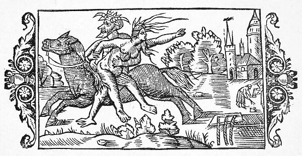 DEVIL AND WITCH, 1555. The Devil carrying away a witch