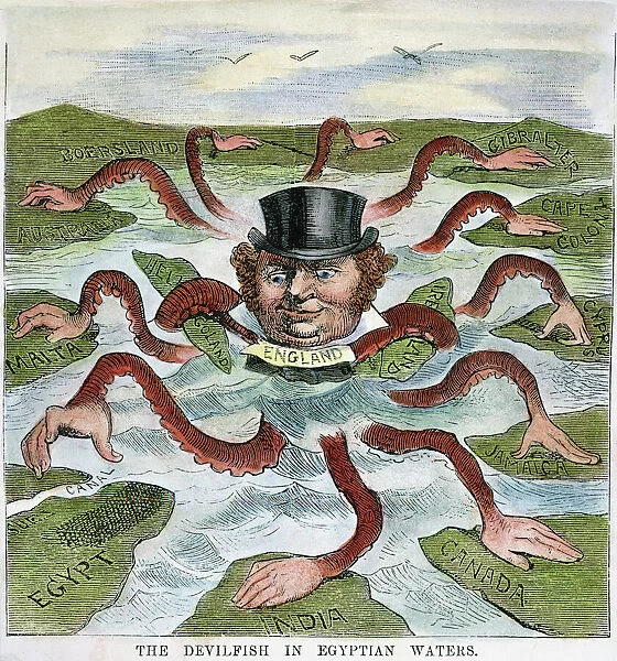 The Devilfish in Egyptian Waters. An American cartoon from 1882 depicting John Bull (England) as the octopus of imperialism grabbing land on every continent