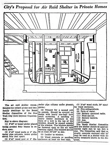 Diagram of a basement bomb shelter recommended for one and two-family dwellings by the New York City Civil Defense Organization, c1955