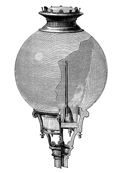 Diagram of a globe light containing a Yablochkov candle, patented by Pavel Yablochkov in 1876. Wood engraving, French, late 19th century