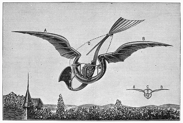 Diagram of Gustave Trouves ornithopter, which was powered by an internal combustion engine. Invented in 1870, it was the first ornithopter to successfully fly. Contemporary American engraving