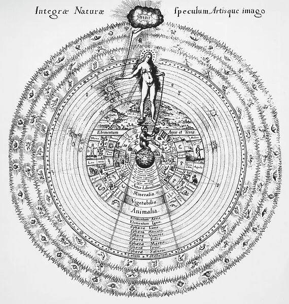 A diagram of the Universe by the 17th century English Neoplatonist Robert Fludd showing the links between the hidden God and the manifest world, combining what Fludd called theosophical and philosophical truths. Woodcut from his Utriusque Cosmi