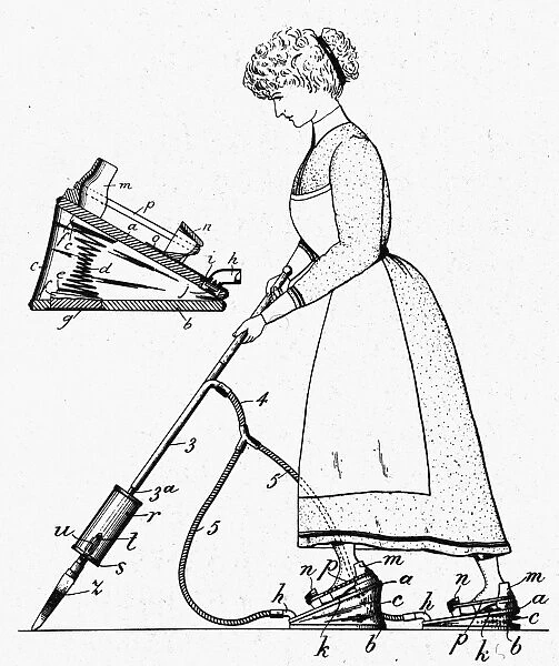 Diagram of a vacuum cleaner using foot bellows to create suction, 1912