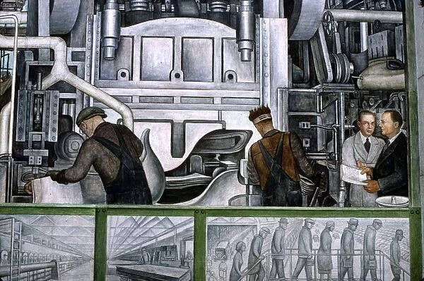 DIEGO RIVERA: DETROIT. Edsel B. Ford, extreme right, and William Valentiner in a detail from Diego Riveras mural depicting the American automobile industry at The Detroit Institute of Arts, 1932-1933