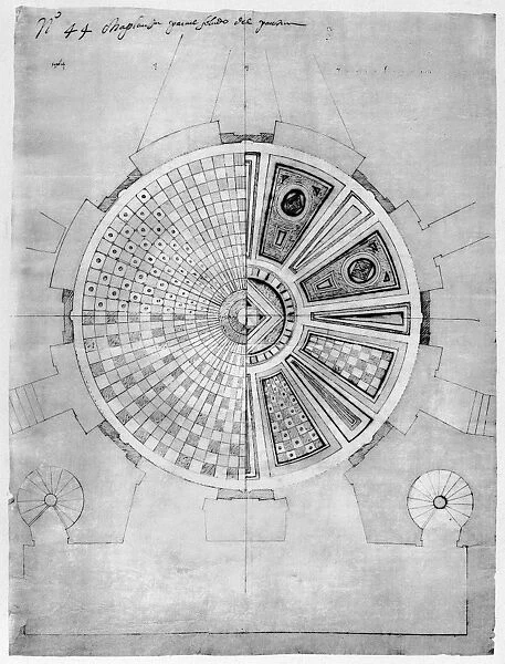 Several different designs for red and black inlaid marble floor of the Pantheon of the Kings at El Escorial palace in Spain. Drawing by architect Juan de Herrera, c1570
