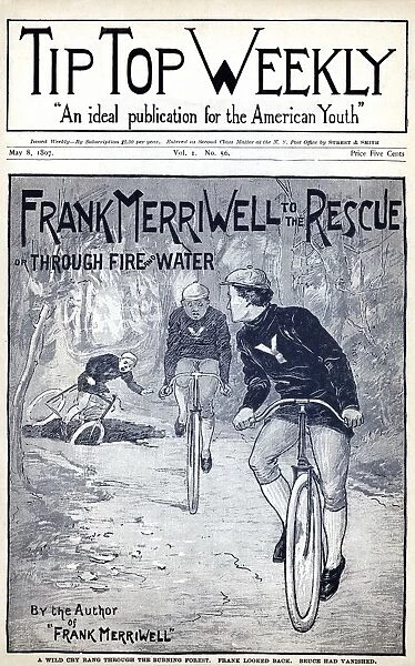 DIME NOVEL, 1897. Frank Merriwell to the Rescue, or Through Fire and Water. Cover of a Street and Smith dime novel of 1897 in the Frank Merriwell series