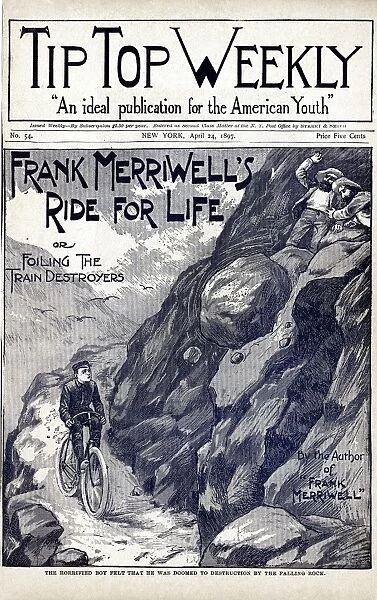 DIME NOVEL, 1897. Frank Merriwells Ride for Life, or Foiling the Train Destroyers. Cover of a Street and Smith dime novel of 1897 in the Frank Merriwell series