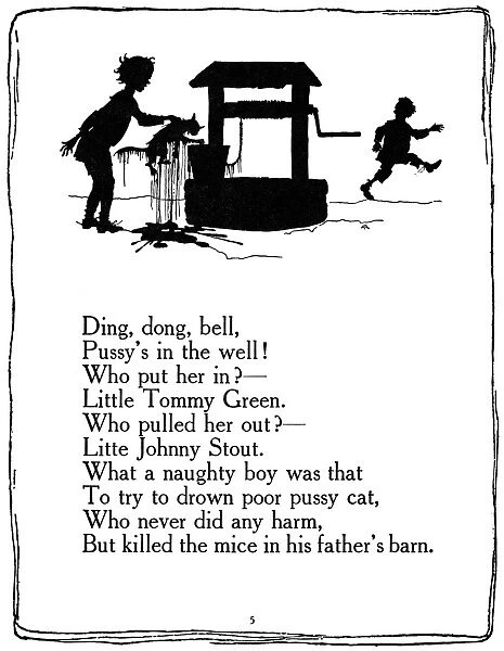 DING, DONG, BELL. Pen-and-ink drawing by Arthur Rackham, 1913, for an edition of Mother Goose nursery rhymes