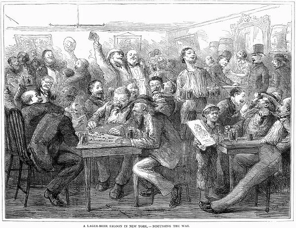 Discussing the Franco-Prussian War at a German beer saloon in New York. Wood engraving, American, 1870