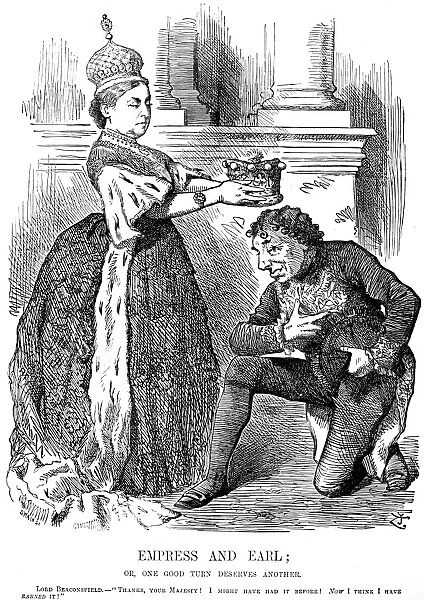 DISRAELI CARTOON, 1876. Cartoon by John Tenniel suggesting that Benjamin Disraelis acceptance of a Peerage, becoming Earl of Beaconsfield, was a fair return for having made his Queen an Empress