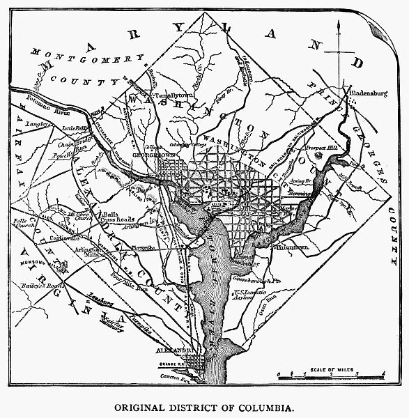 DISTRICT OF COLUMBIA, 1801. Plan of the District of Columbia, including the cities of Washington, Georgetown and Alexandria, according to the Organic Act of 1801. Wood engraving, 1886