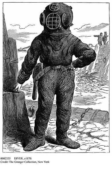 DIVER, c1870. An underwater diver in full diving-gear. Line engraving, c1870