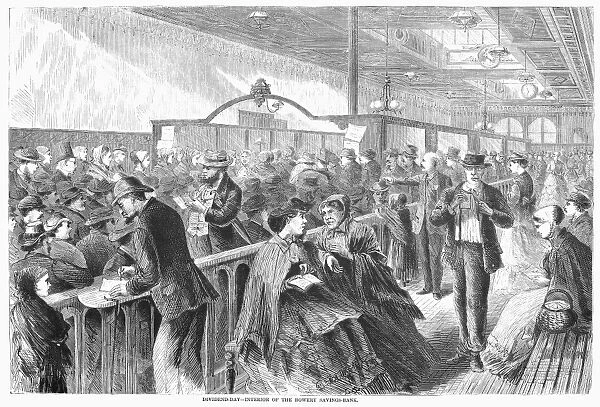 DIVIDEND DAY, 1870. A scene at the Bowery Savings Bank in New York. Wood engraving, American, 1870