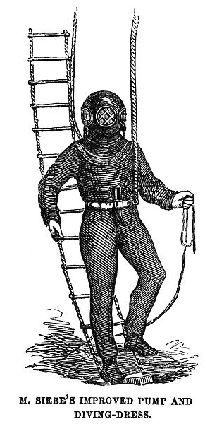 DIVING SUIT, 1855. Diving suit designed by August Siebe, demonstrated at the Paris Exhibition of 1855: wood engraving from a contemporary English newspaper