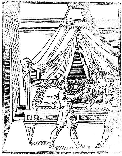 A doctor delivering a baby by Caesarean section. Woodcut by Girolamo Mercurio, 1601
