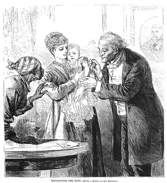 A doctor inoculating a baby. Wood engraving, American, 1870