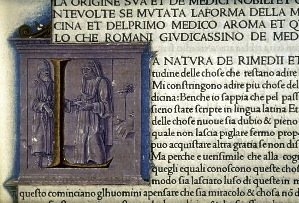 Doctor taking a patients pulse: illumination from Italian manuscript of Plinys Natural History, 1476