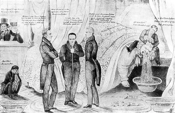 The Doctors Puzzled or the Desperate Case of Mother U. S. Bank. American cartoon, 1833, depicting the Bank of the United States as disgorging federal funds into smaller banks while President Andrew Jackson peeks through the window and Henry Clay, Daniel Webster, and John Calhoun consult on the sad case