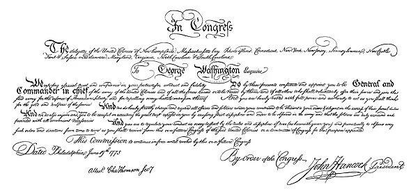 Document, in Congress, signed by John Hancock on 19 June 1775, naming George Washington General and Commander in Chief