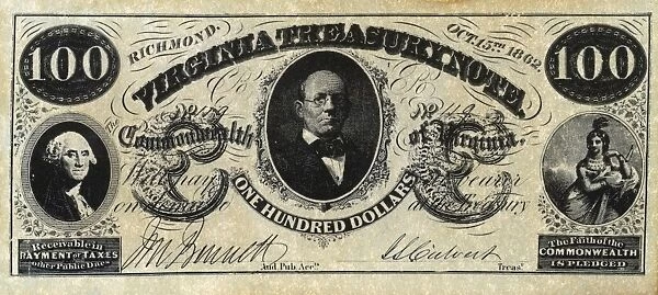 One hundred dollar bill issued by the Commonwealth of Virginia at Richmond, 15 October 1862. A portrait of George Washington is on the left